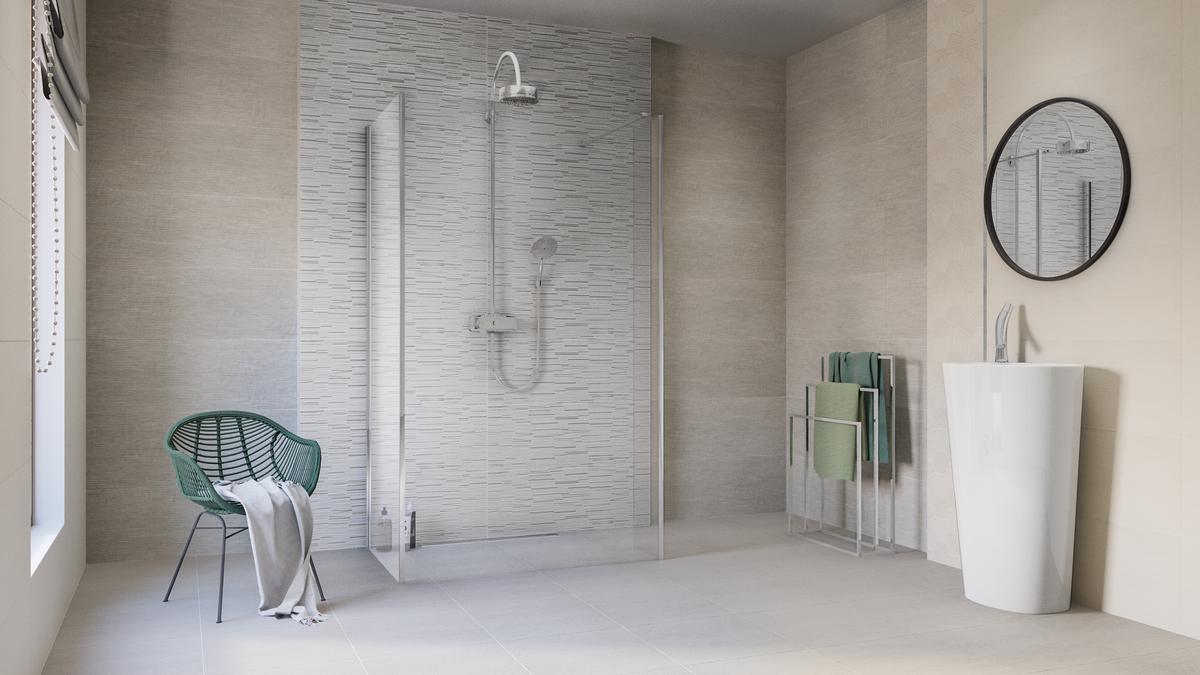 Projekt biało-szarej łazienki z płytkami Azario Mareda.